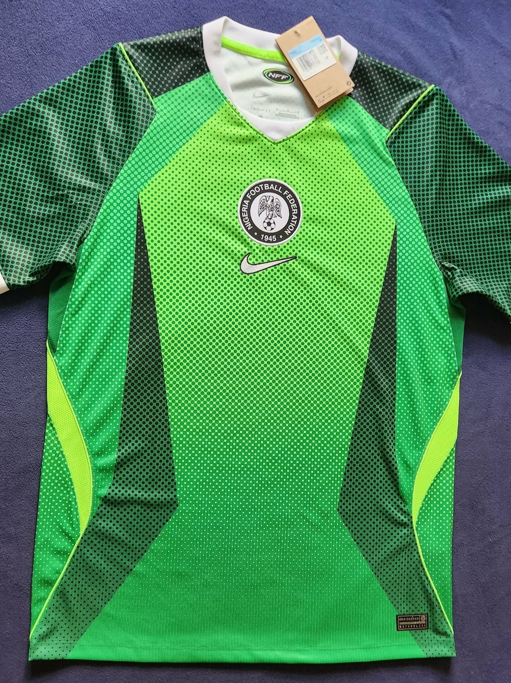 Nike Men's Green Football Jersey with Neon and Dark Green Accents